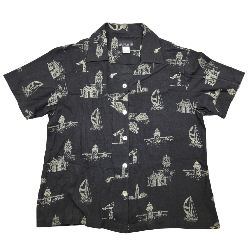 Robert Louis Silk Short Sleeve Shirt Nautical AOP‎ Black Womens Large